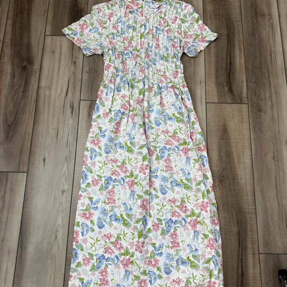 Vintage 80s Miss Dorby Floral Pintuck Tie Back Maxi Dress Cottagecore